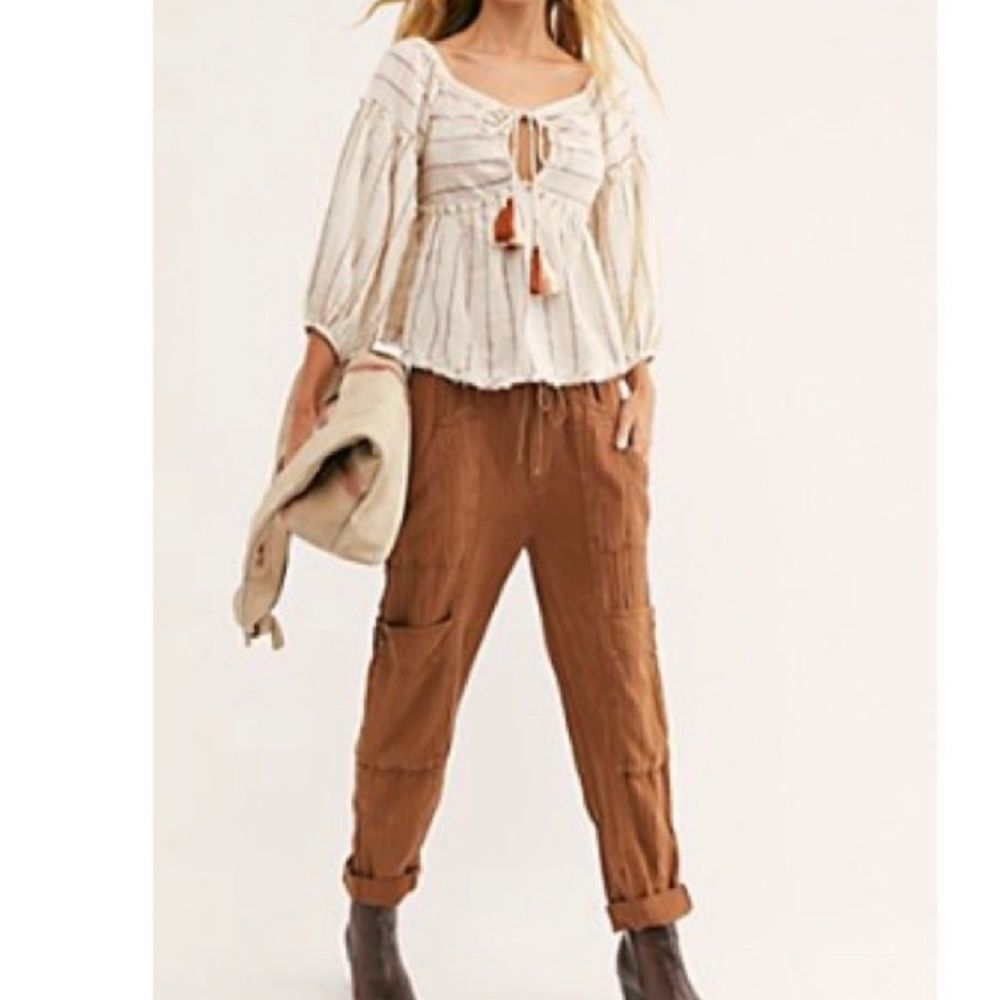 Free People Feel Good Utility Pull On Pants Sz XS Boho Linen Gauzy Brown